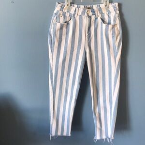 Denim Co. white & blue striped cropped distressed jeans high waist size 6